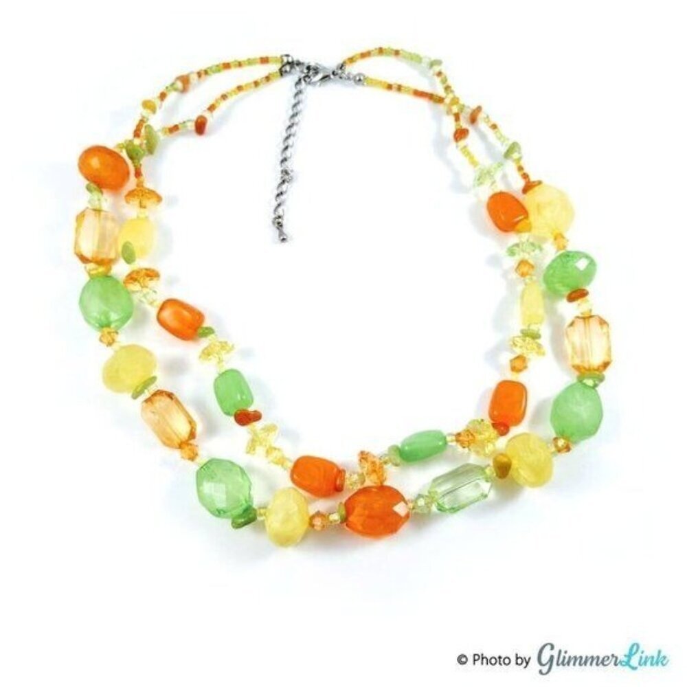 Double Strand Fruit Salad Style Beaded Necklace Green Orange Yellow